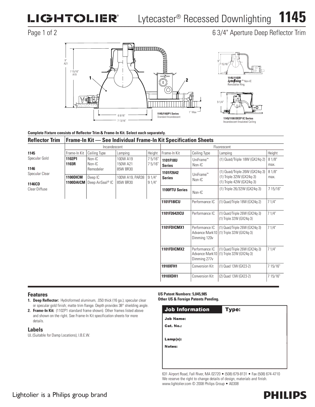 Lightolier 1145 specifications Lytecaster Recessed Downlighting , Aperture Deep Reflector Trim, Features, Labels 